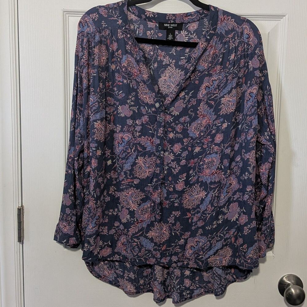 Nine West Floral Paisley Popover Blouse Purple Pink Size Large Top EUC